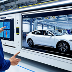 **Automotive Production Line Digital Twin:** A brightly lit, modern car factory. In the foreground, a large screen displays a detailed, interactive 3D model (a digital twin) of the production line. Engineers are studying the screen, pointing to areas of interest. The overall feel is efficient and technologically advanced.
