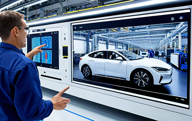 **Automotive Production Line Digital Twin:** A brightly lit, modern car factory. In the foreground, a large screen displays a detailed, interactive 3D model (a digital twin) of the production line. Engineers are studying the screen, pointing to areas of interest. The overall feel is efficient and technologically advanced.