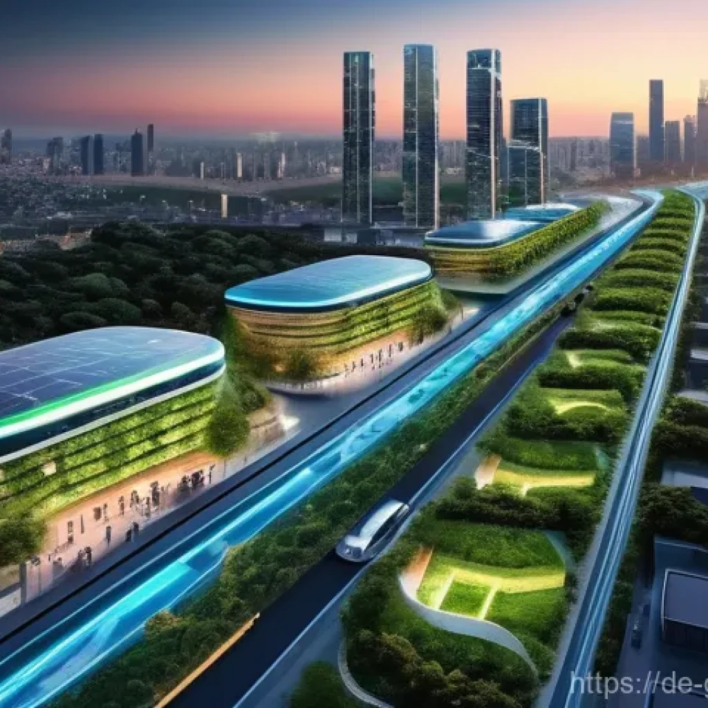 디지털 트윈을 통한 환경 지속 가능성 개선 - **Prompt:** "A panoramic view of a futuristic, lush green smart city at twilight. The city showcases...