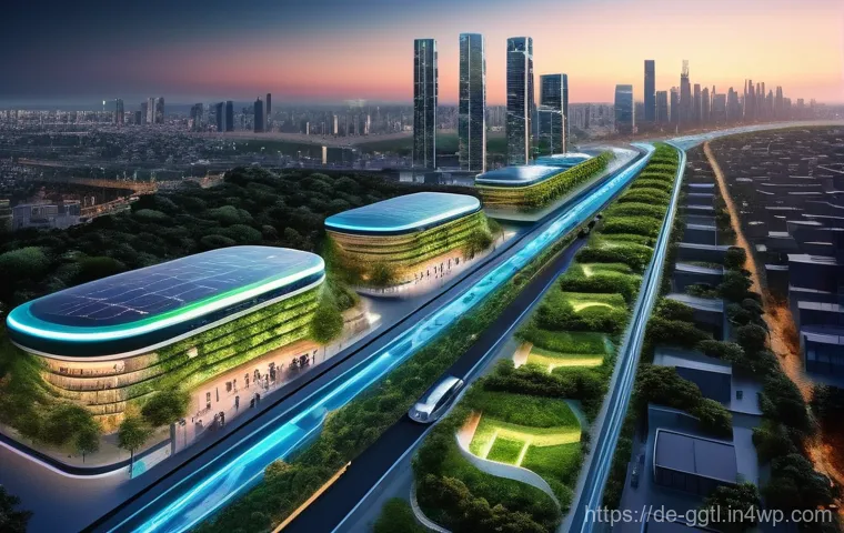 디지털 트윈을 통한 환경 지속 가능성 개선 - **Prompt:** "A panoramic view of a futuristic, lush green smart city at twilight. The city showcases...