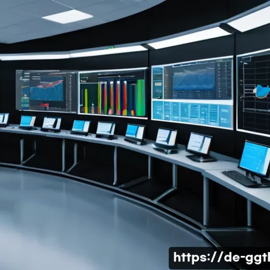디지털 트윈의 데이터 품질 관리 - A high-tech industrial factory scene showcasing a digital twin control room with multiple large scre...
