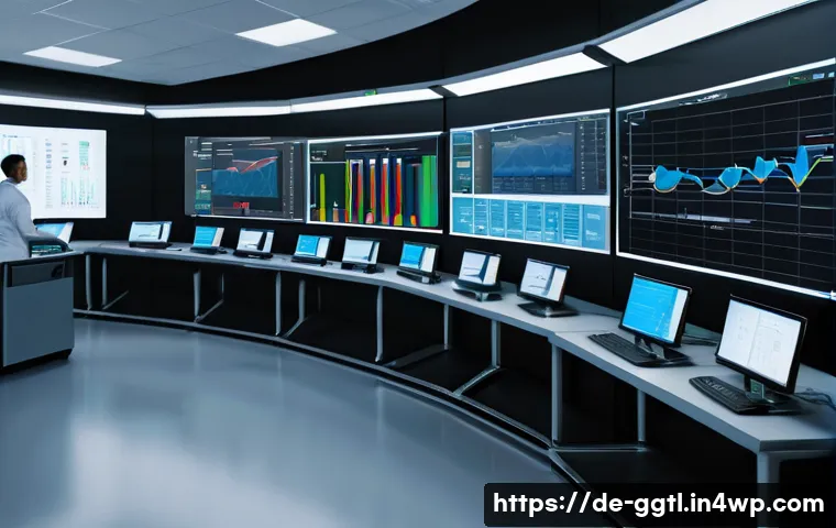 디지털 트윈의 데이터 품질 관리 - A high-tech industrial factory scene showcasing a digital twin control room with multiple large scre...