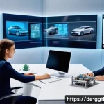 Home 19 디지털 트윈을 통한 제품 개발 시간 단축 - A modern engineering workspace with diverse professionals collaborating around multiple digital scre...