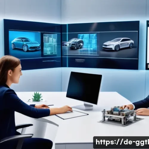 Home 31 디지털 트윈을 통한 제품 개발 시간 단축 - A modern engineering workspace with diverse professionals collaborating around multiple digital scre...