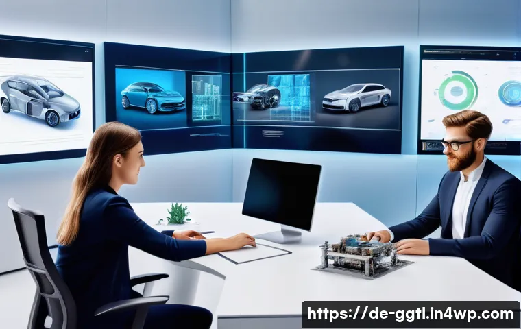 디지털 트윈을 통한 제품 개발 시간 단축 - A modern engineering workspace with diverse professionals collaborating around multiple digital scre...