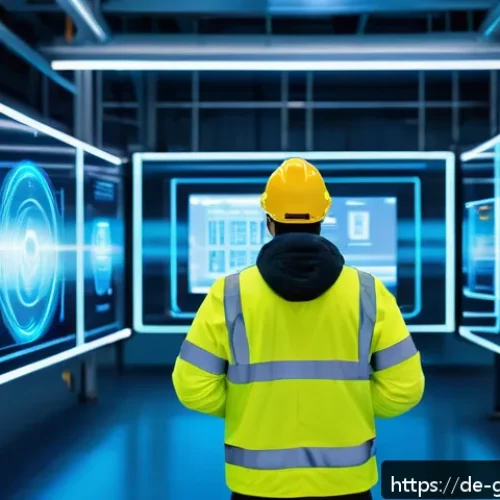 Home 30 디지털 트윈과 인간 기계 상호작용 - A futuristic industrial factory floor featuring a large, complex machine equipped with multiple sens...