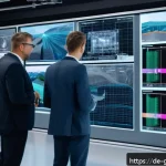 Home 23 디지털 트윈을 통한 기업 경쟁력 강화 - A modern industrial manufacturing facility in Germany featuring a digital twin interface displayed o...