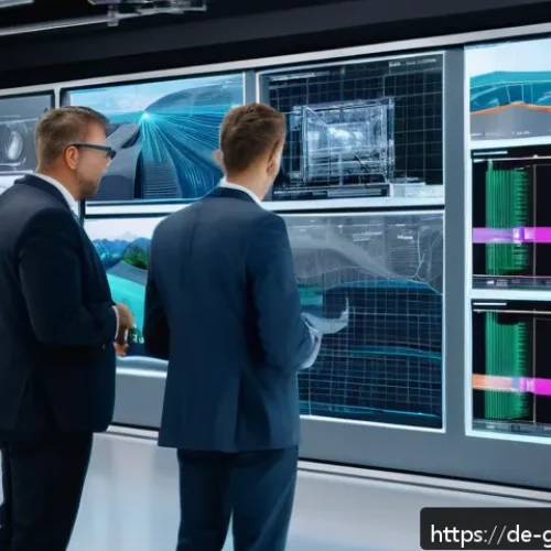 Home 17 디지털 트윈을 통한 기업 경쟁력 강화 - A modern industrial manufacturing facility in Germany featuring a digital twin interface displayed o...
