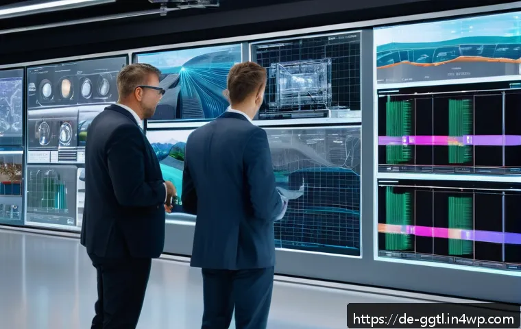 디지털 트윈을 통한 기업 경쟁력 강화 - A modern industrial manufacturing facility in Germany featuring a digital twin interface displayed o...